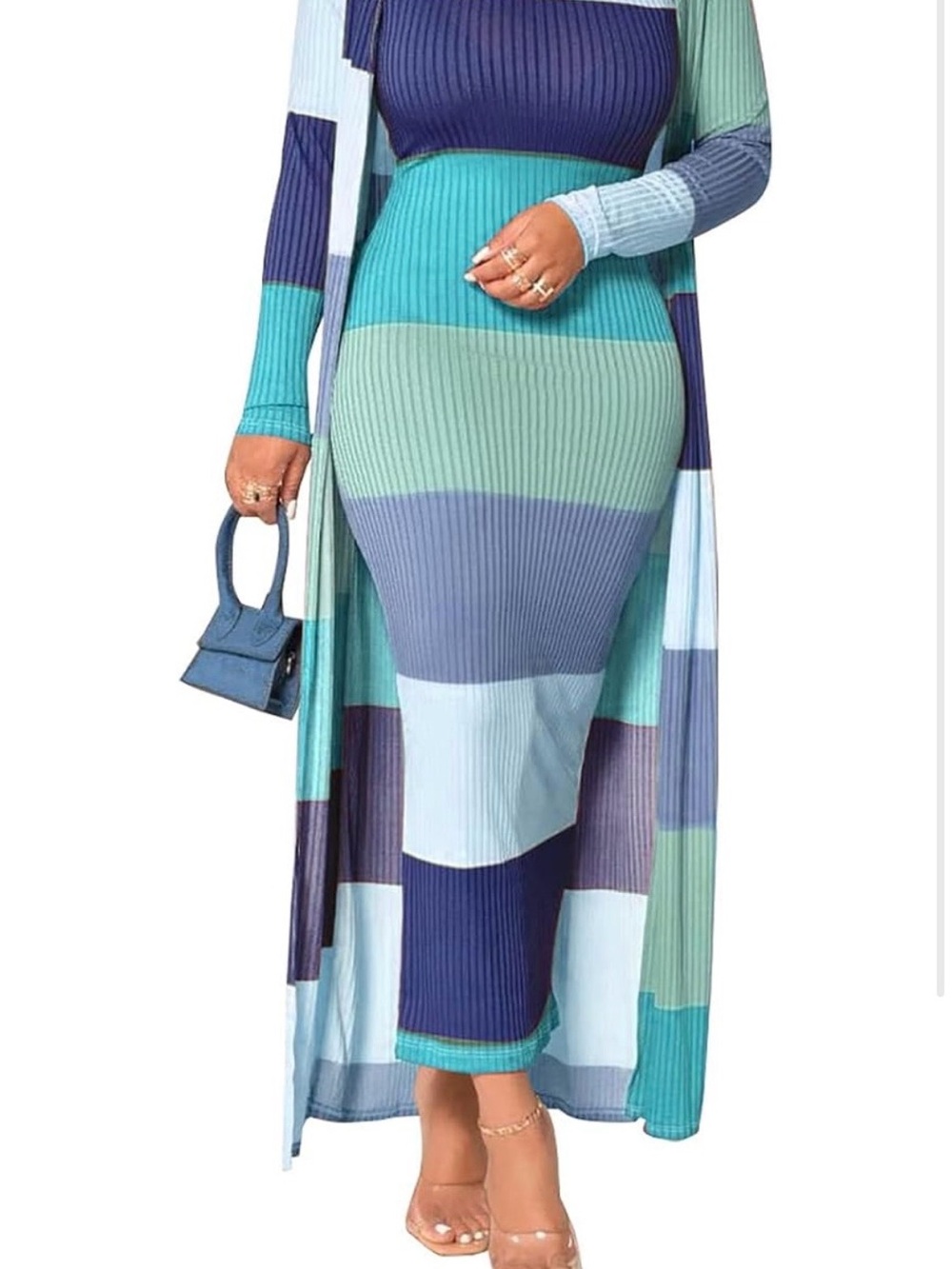 Ribbed Striped Bodycon Maxi Skirt - Blue Green